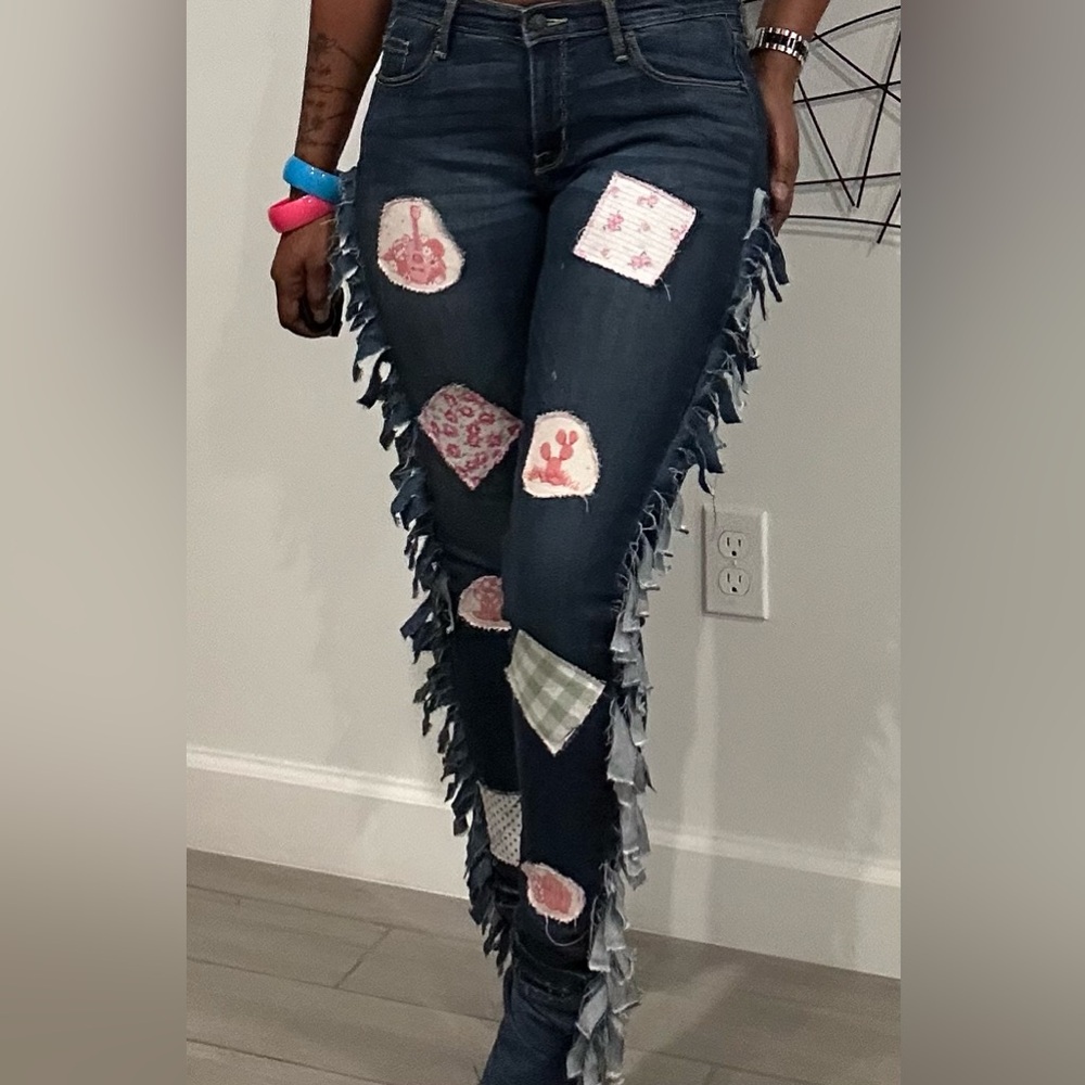 Custom Stylish Patchwork Fringe stacked  Jeans